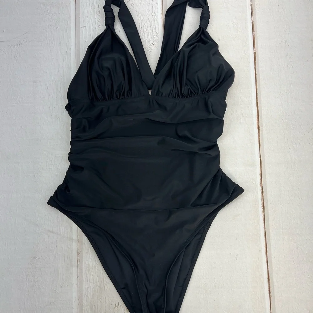 One Piece Swimsuit Deep V Neck Tummy Control Ruched V Back Classic‎ Bathing Suit - Picture 5 of 16